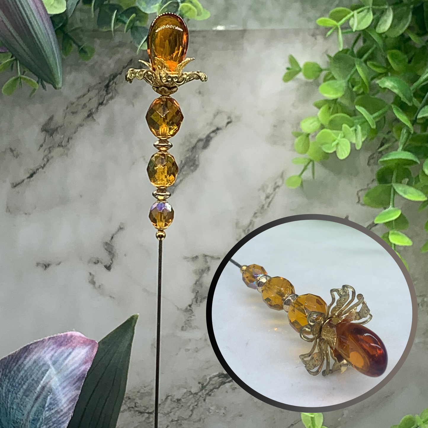 Gold yellow Amber Color Crystal Flower Design 8.5” Pin • Hatpin - Stick Pin
