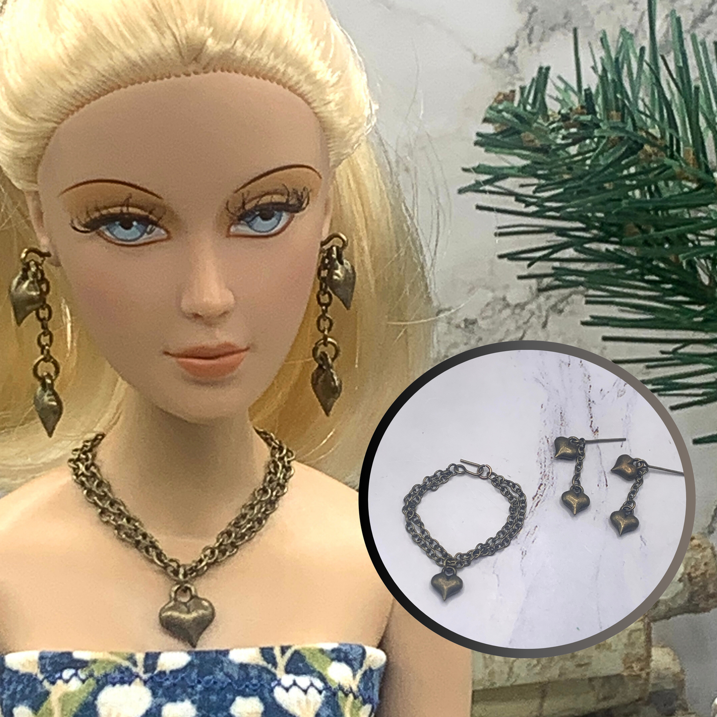 Bronze Heart Charm Chain Dangle Doll Necklace Earring Set • 16” Doll Jewelry