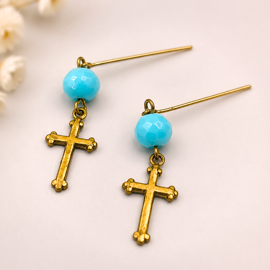 Turquoise Blue Glass & Gold Cross Dangle Doll Earrings • 18 Inch Fashion Doll Jewelry