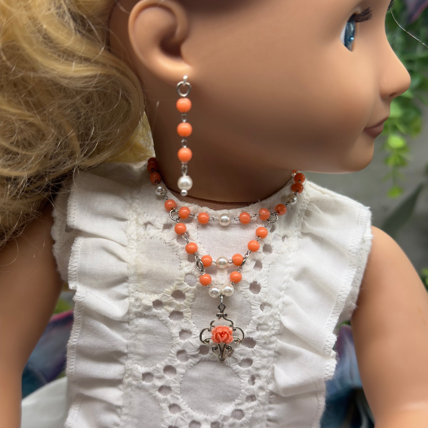 Coral Orange & Pearl Filigree Dangle Silver Doll Necklace & Earrings • 18 Inch Fashion Doll Jewelry