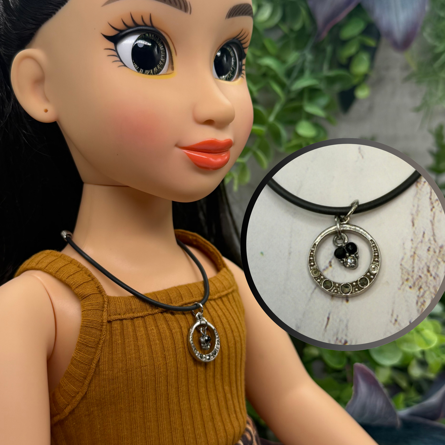 Black Gray Metallic Rhinestone Accent Circle Pendant Black Silicone Rubber Doll Necklace• 18 Inch Fashion Doll Jewelry
