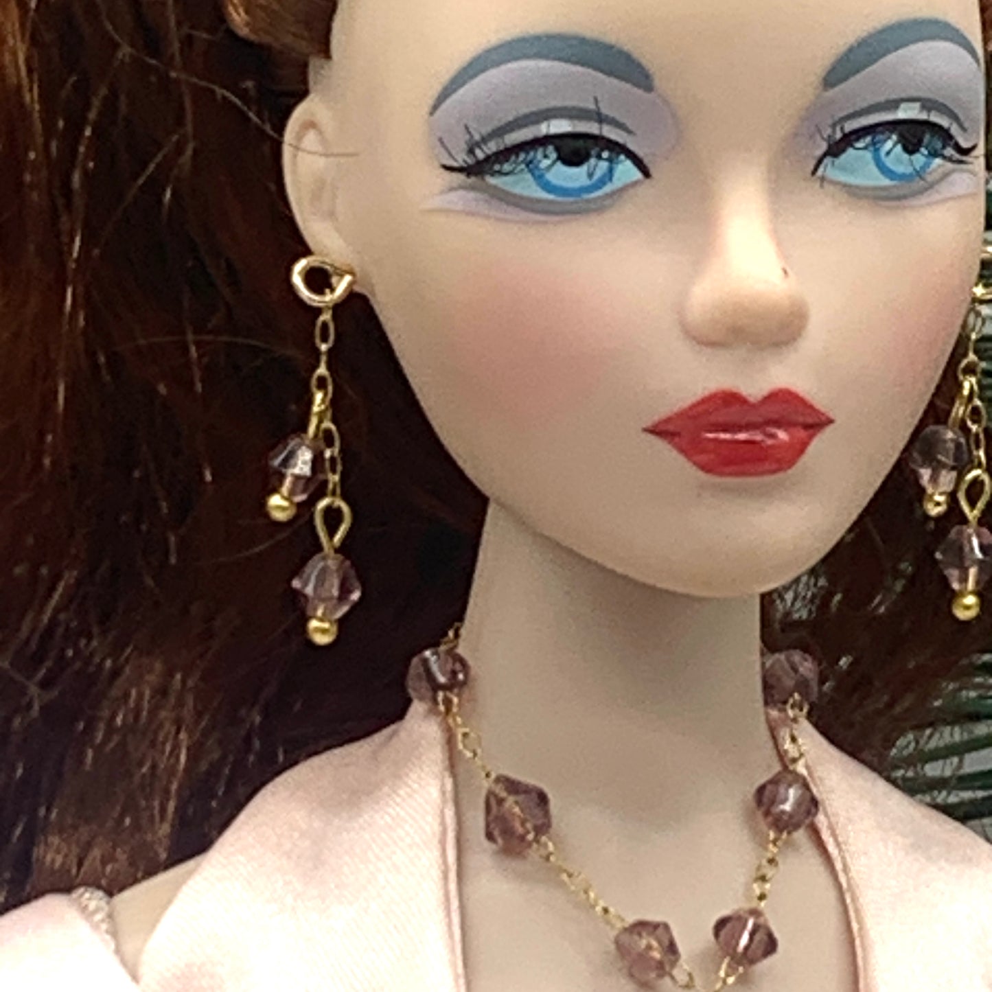Purple Glass Teardrop Gold Doll Necklace Earrings Set • 16” Fashion Doll Jewelry