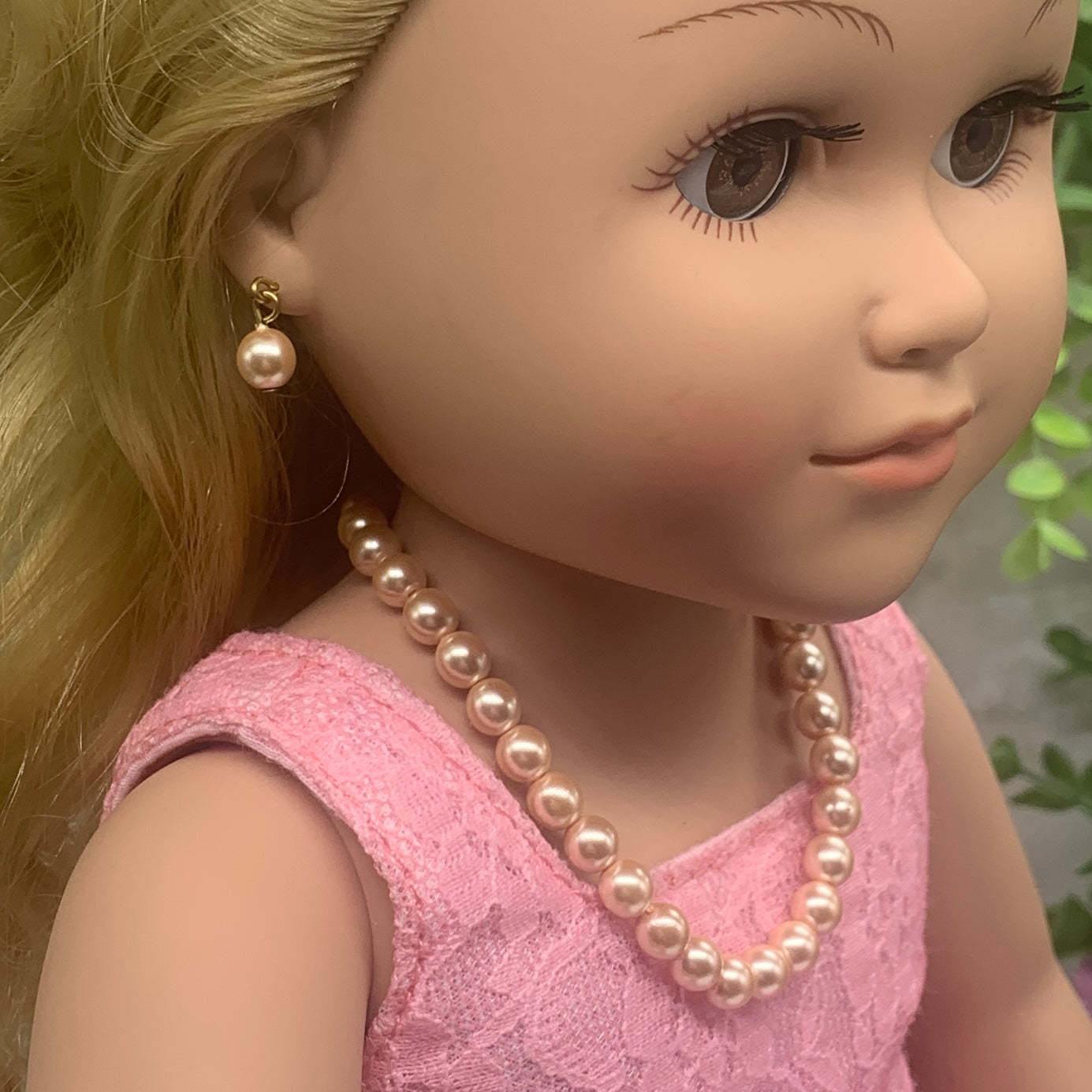 Light Pink Pearl Doll Necklace Earrings Set • 18 Inch Fashion Doll Jewelry