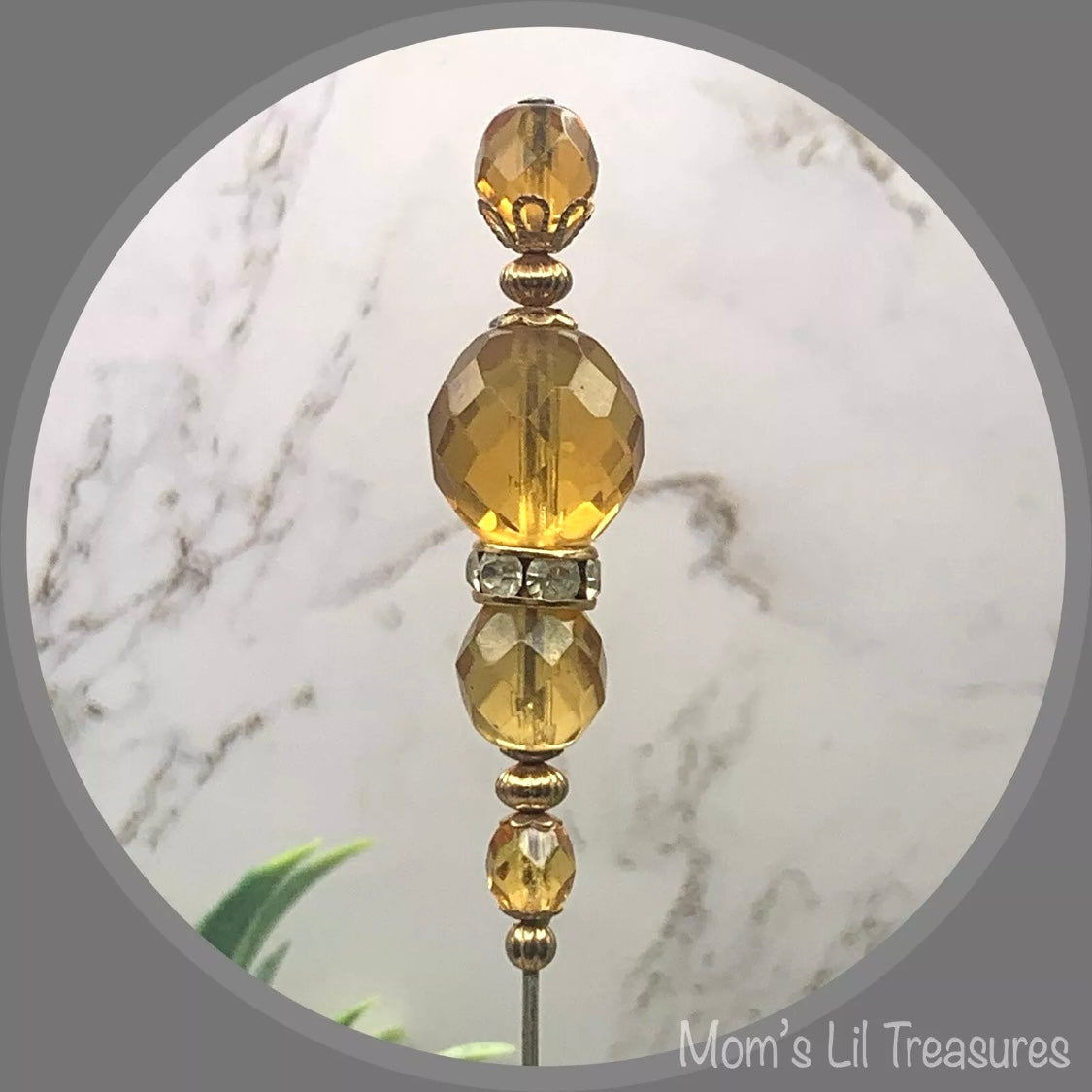 Gold Yellow Amber Color Crystal Rhinestone Beaded 8” Pin • Hatpin - Stick Pin