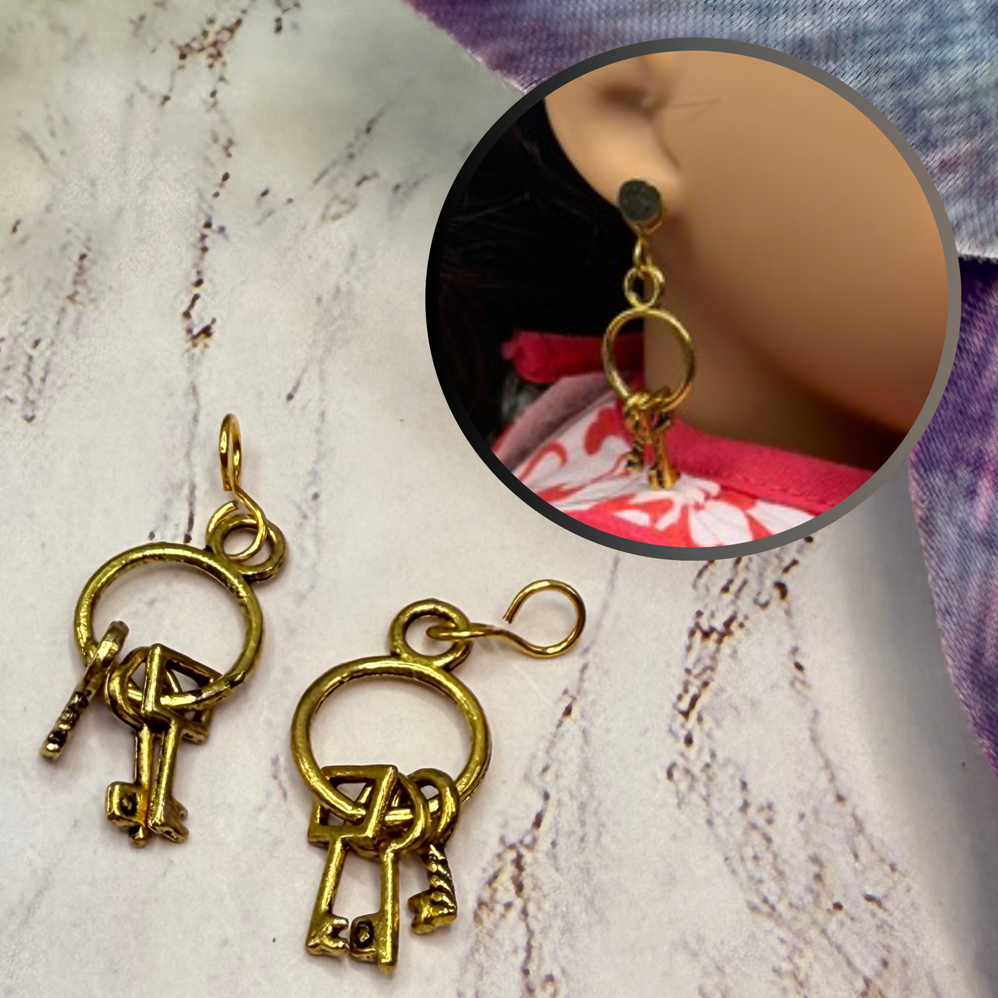 Circle Gold Key Ring Keys Doll Earring DANGLES ONLY • 18” Fashion Doll Jewelry