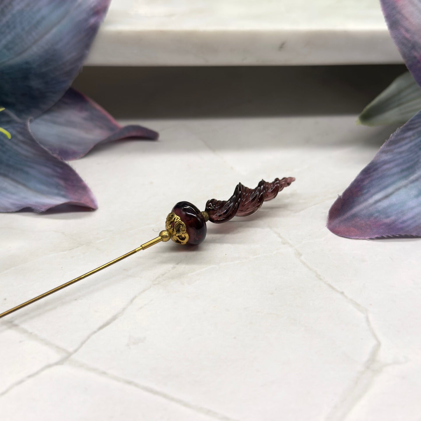 Purple Glass Spiral Design & Gold Filigree Accent • 7.25” Pin Hatpin - Stick Pin