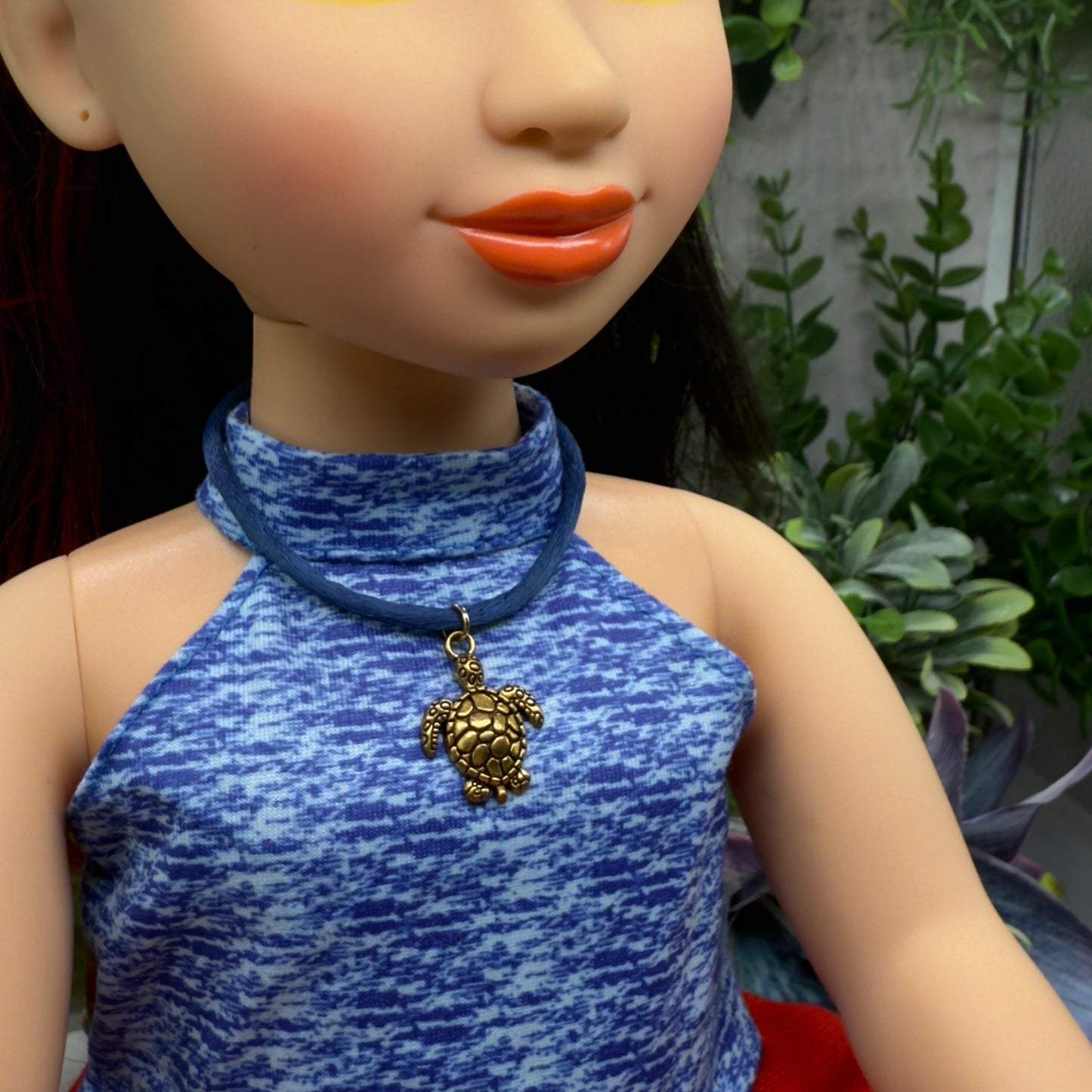 Gold Turtle Charm Blue Fabric Cord Doll Necklace• 18 Inch Fashion Doll Jewelry