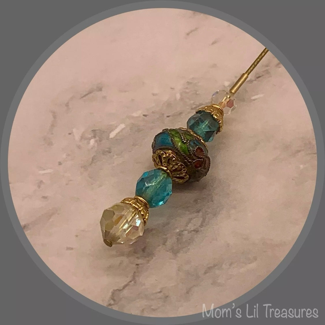 Turquoise Blue Clear Crystals Cloisonné Flower Design - 8” • Hatpin - Stick Pin