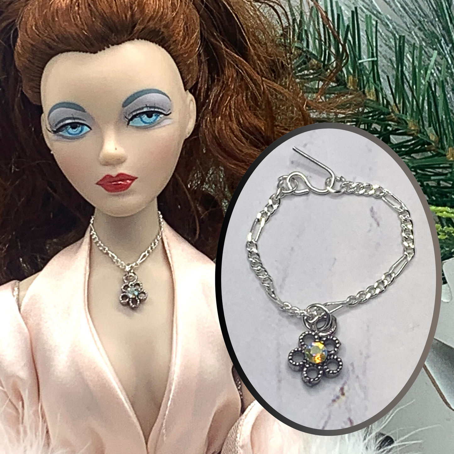 Rhinestone Pendant Silver Chain Doll Necklace • 16 Inch Fashion Doll Jewelry