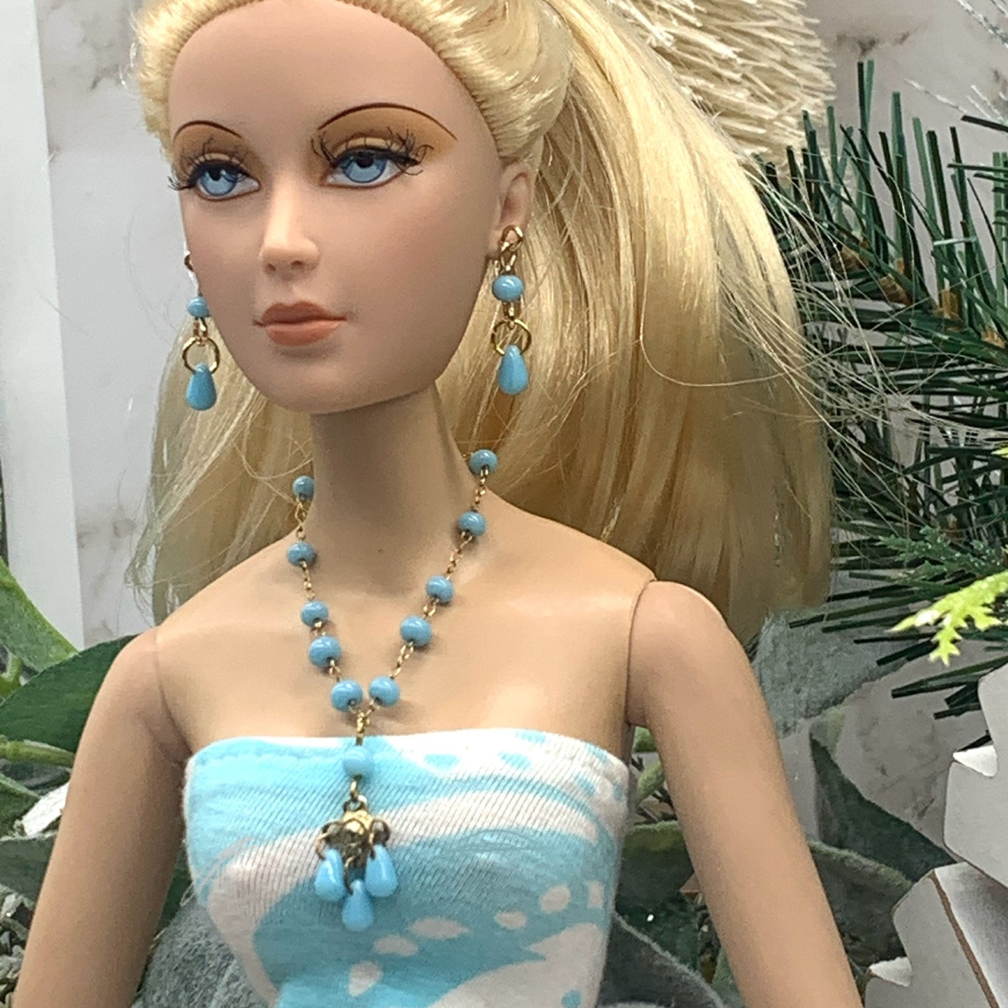Blue Glass Beaded Pendant Necklace Earring Set • 16 Inch Fashion Doll Jewelry