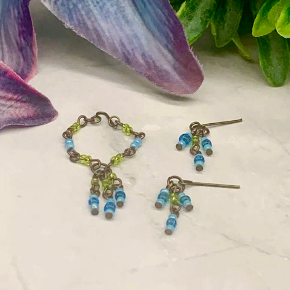 Blue Yellow Brass Tone Multi Dangle Necklace Earring Set • 10-12” 1:6 Doll Jewelry