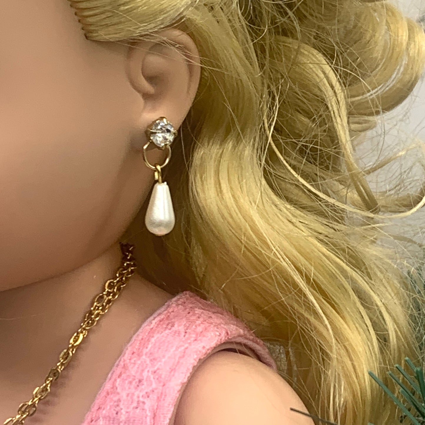 Clear Rhinestone Teardrop Pearl Gold Doll Necklace Earring Set 18” Doll Jewelry