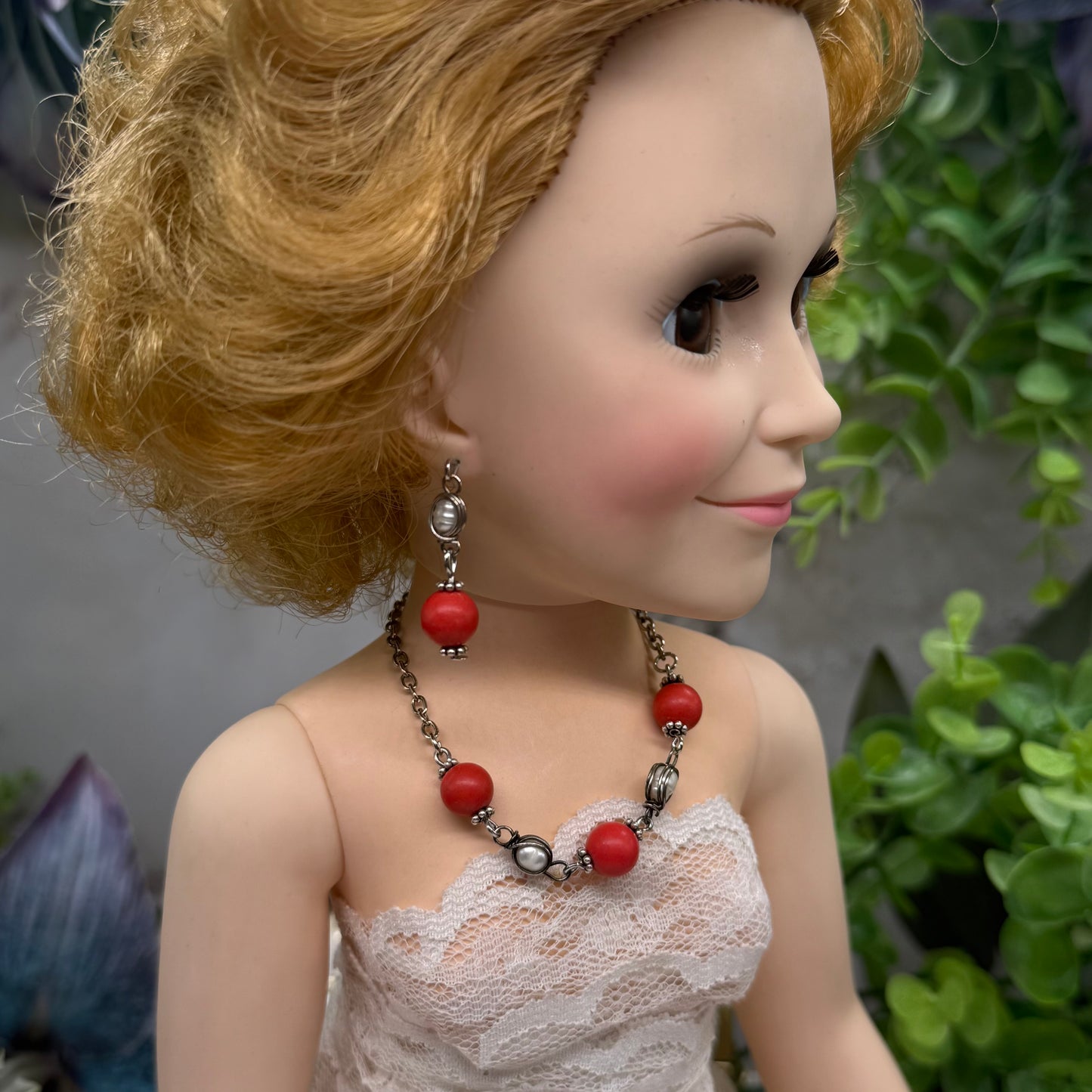 Candy Apple Red Pearl & Silver Doll Necklace & Earrings Set • 18 Inch Doll Jewelry