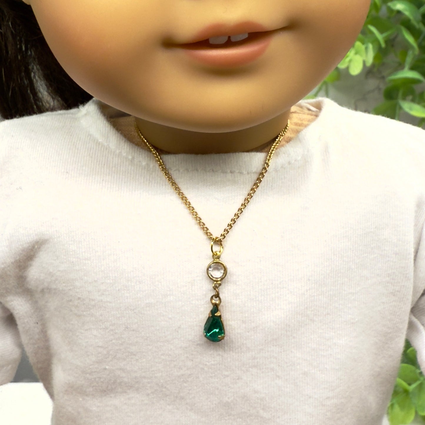Green Teardrop Rhinestone Gold Doll Necklace • 18 Inch Fashion Doll Jewelry