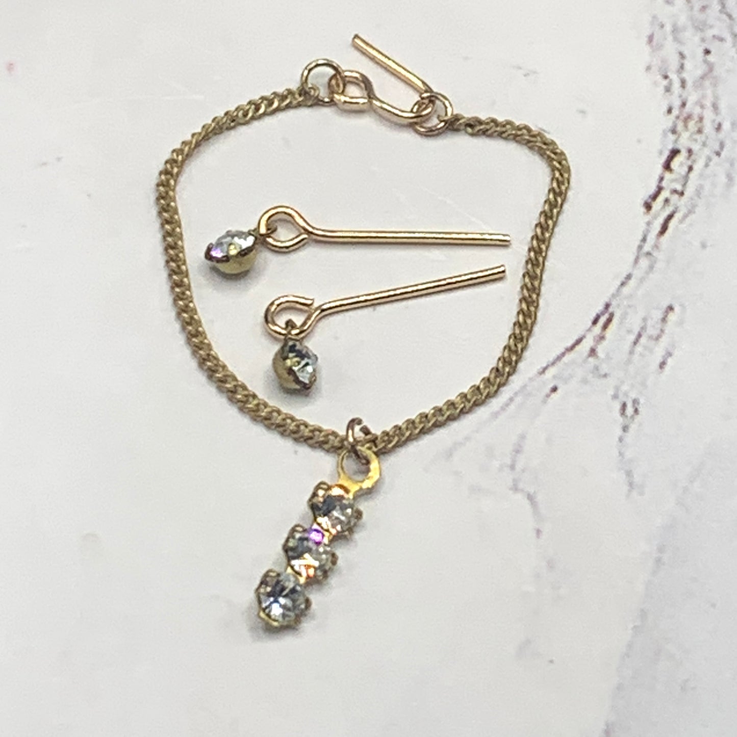 Clear Rhinestone Gold Chain Dangle Doll Necklace Earring Set • 16” Doll Jewelry