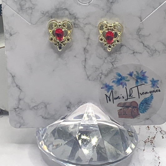 Gold Filigree Heart Red Rhinestone Doll Earrings 2mm Post fit 18” American Girl