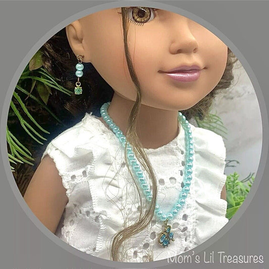 Turquoise Pearl Rhinestone Pendant Doll Necklace Earring Set • 18” Doll Jewelry