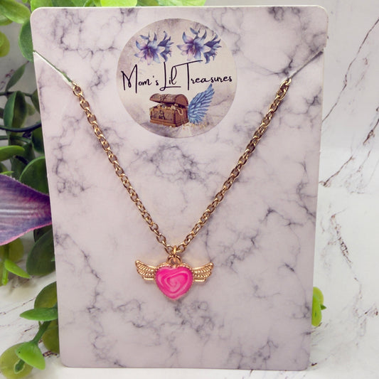 Pink Heart W/ Wings Pendant Gold Chain Doll Necklace • 18 Inch Fashion Doll Jewelry