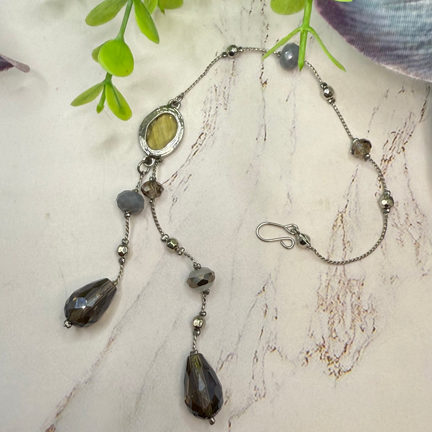 Gray Metallic Glass Crystal Dangle Silver Chain • Car Mirror Charm / Sun Catcher