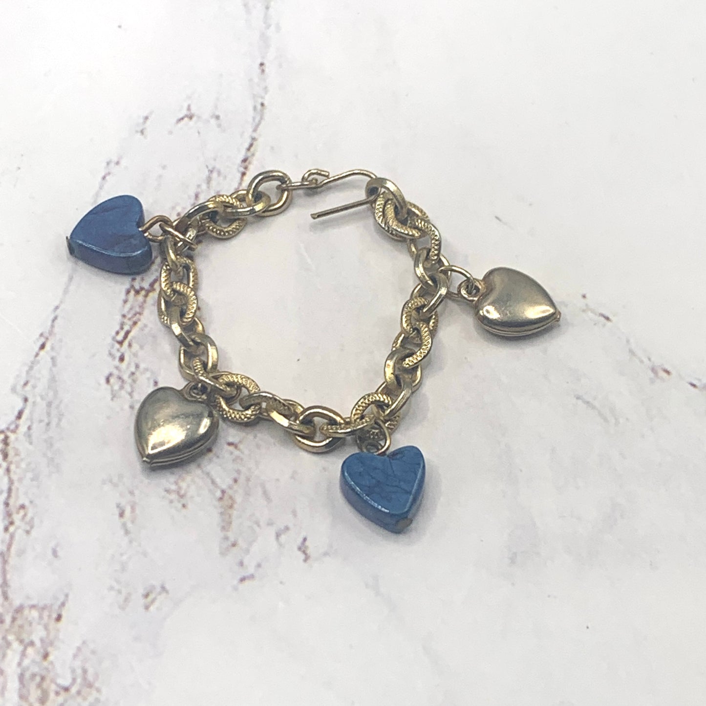 Blue Glass Gold Heart Charm Doll Bracelet • 18 Inch Fashion Doll Jewelry