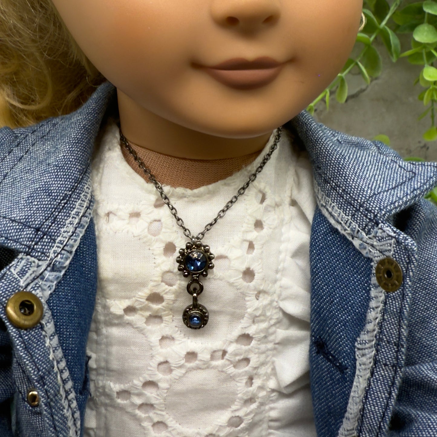 Blue Rhinestone Pendant Gun Metal Silver Chain Doll Necklace• 18 Inch Fashion Doll Jewelry