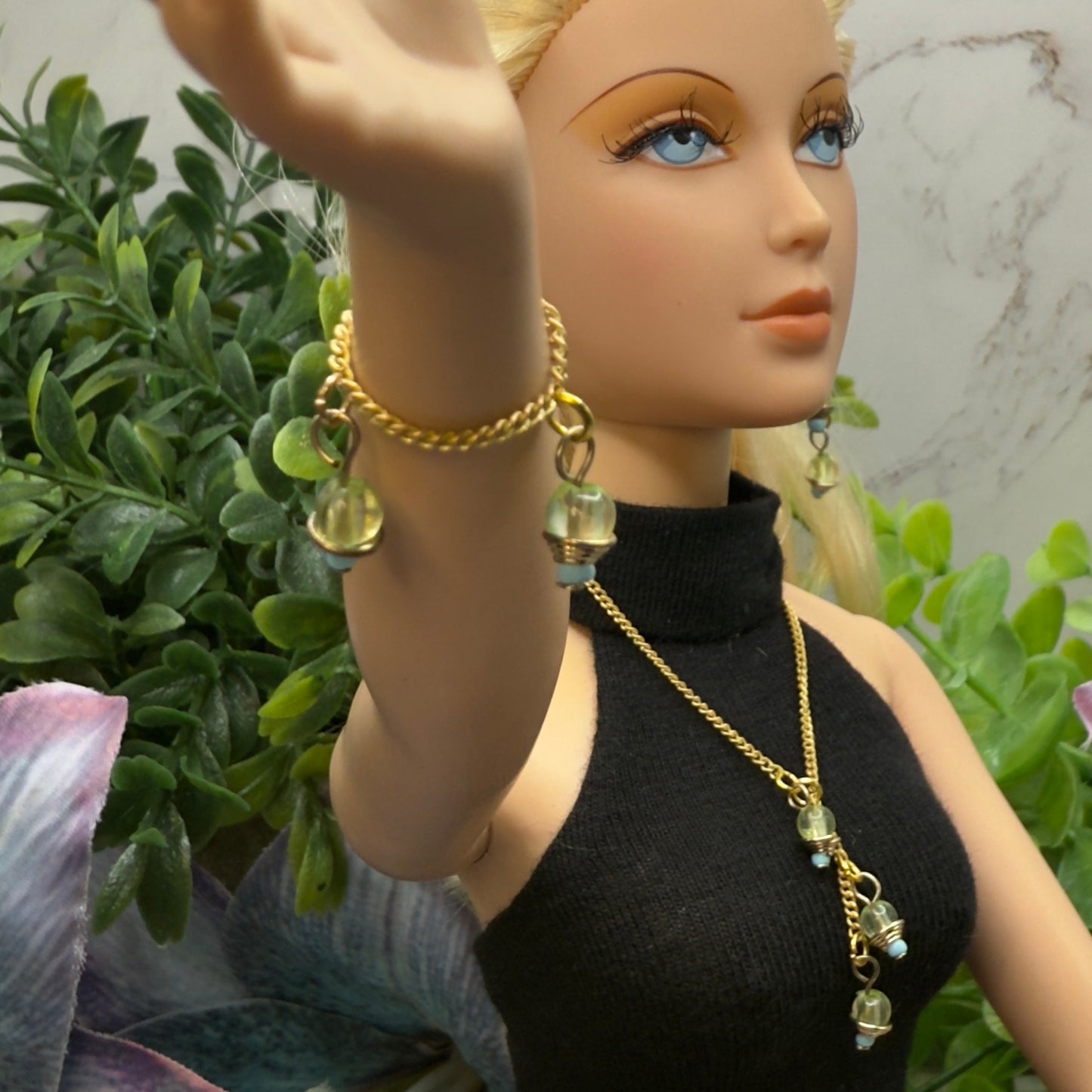 Green Blue Dangle Tassel Style Doll Necklace & Earrings Set • 16 Inch Fashion Doll Jewelry •