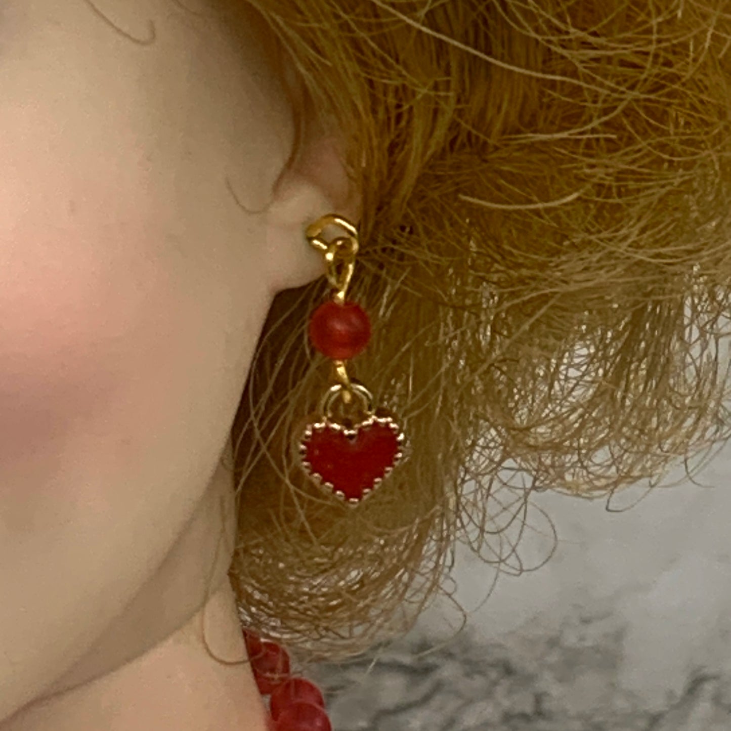 Red Gold Heart Beaded Gold Chain Necklace Earring Set 18-22” Doll Jewelry
