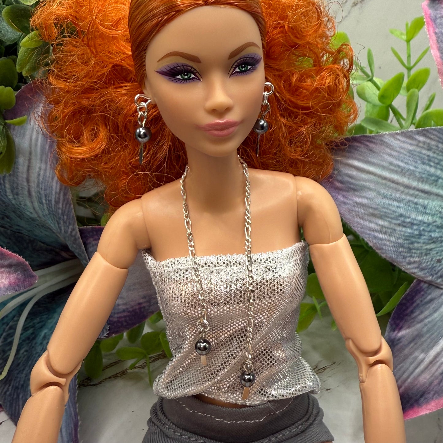 Gray Metallic and Silver Chain Wrap Style Necklace & Earrings Set • 10-12” 1:6 Fashion Doll Jewelry