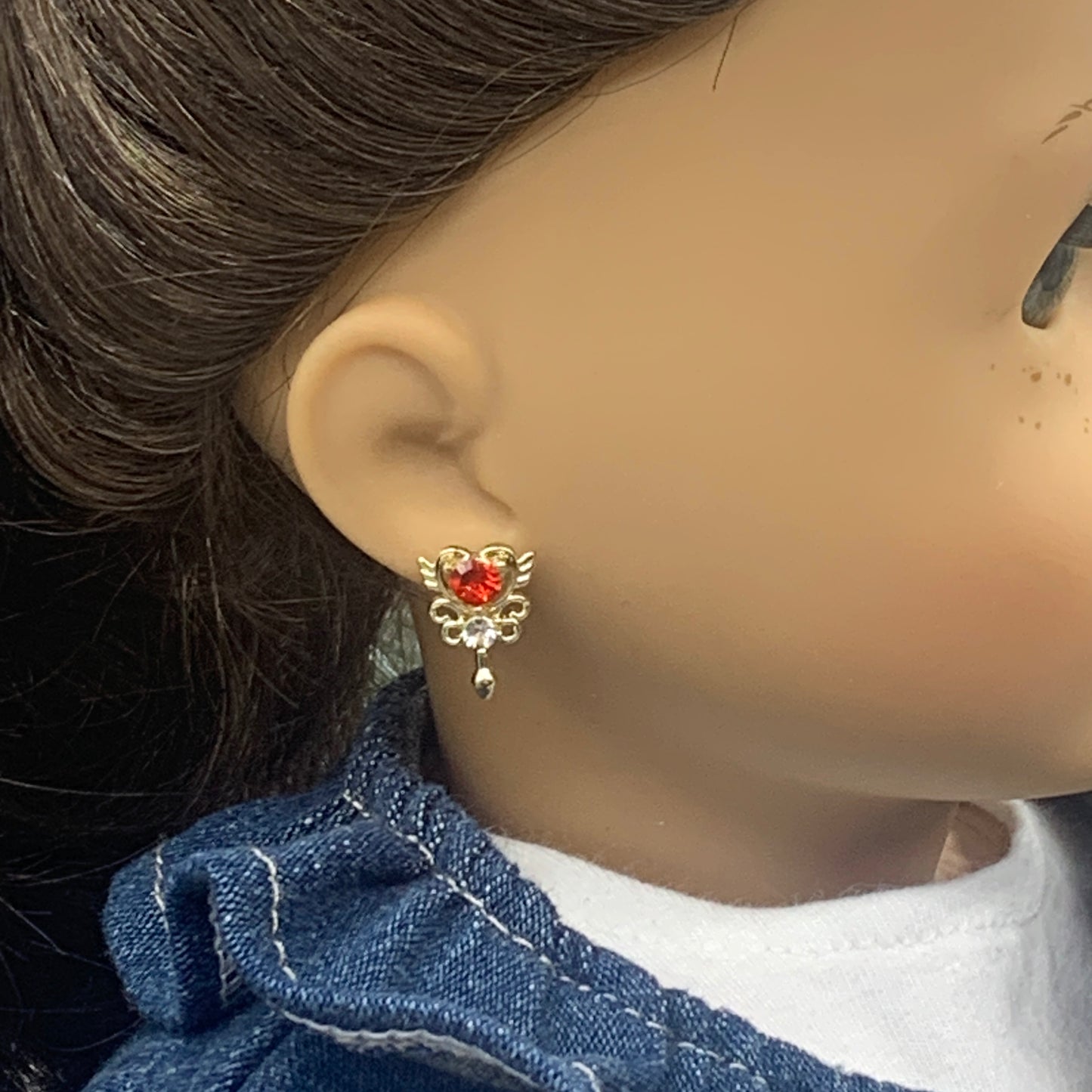 Red Rhinestone Gold Heart Post Doll Earrings 2mm Post • fits 18” American Girl