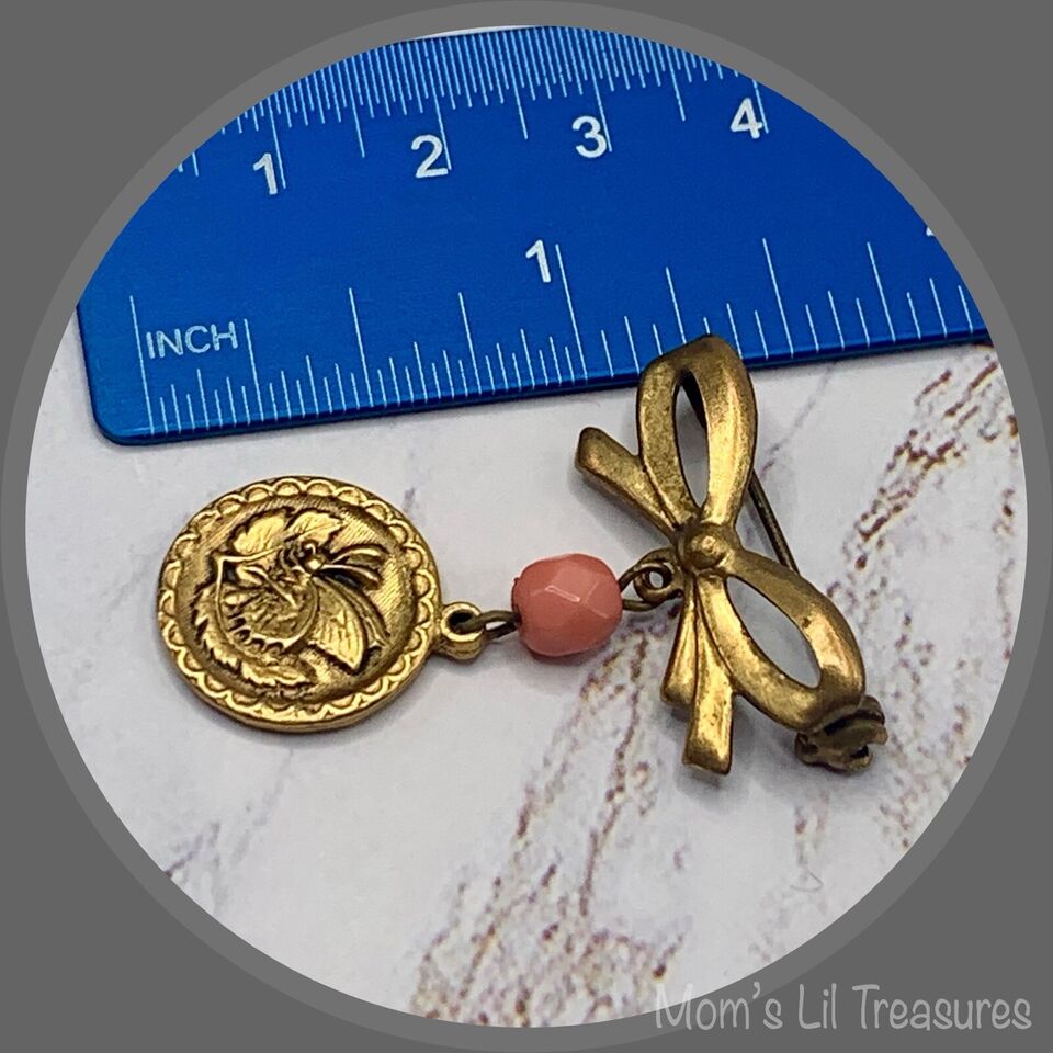 Gold Tone Bow Pin Pink Bead Gold Butterfly Flower Design Dangle • Doll Brooch