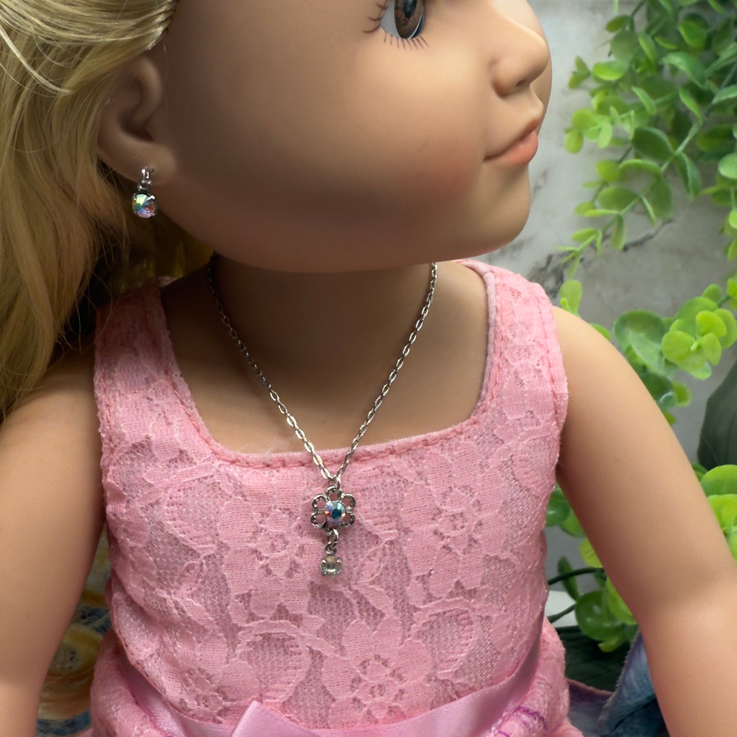 AB Rhinestone Flower Pendant Doll Necklace & Earrings Set• 18 Inch Fashion Doll Jewelry