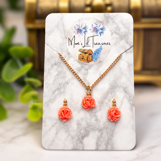Coral Acrylic Rose Flower Charm Gold Chain Doll Necklace & Earrings • 16 Inch Fashion Doll Jewelry