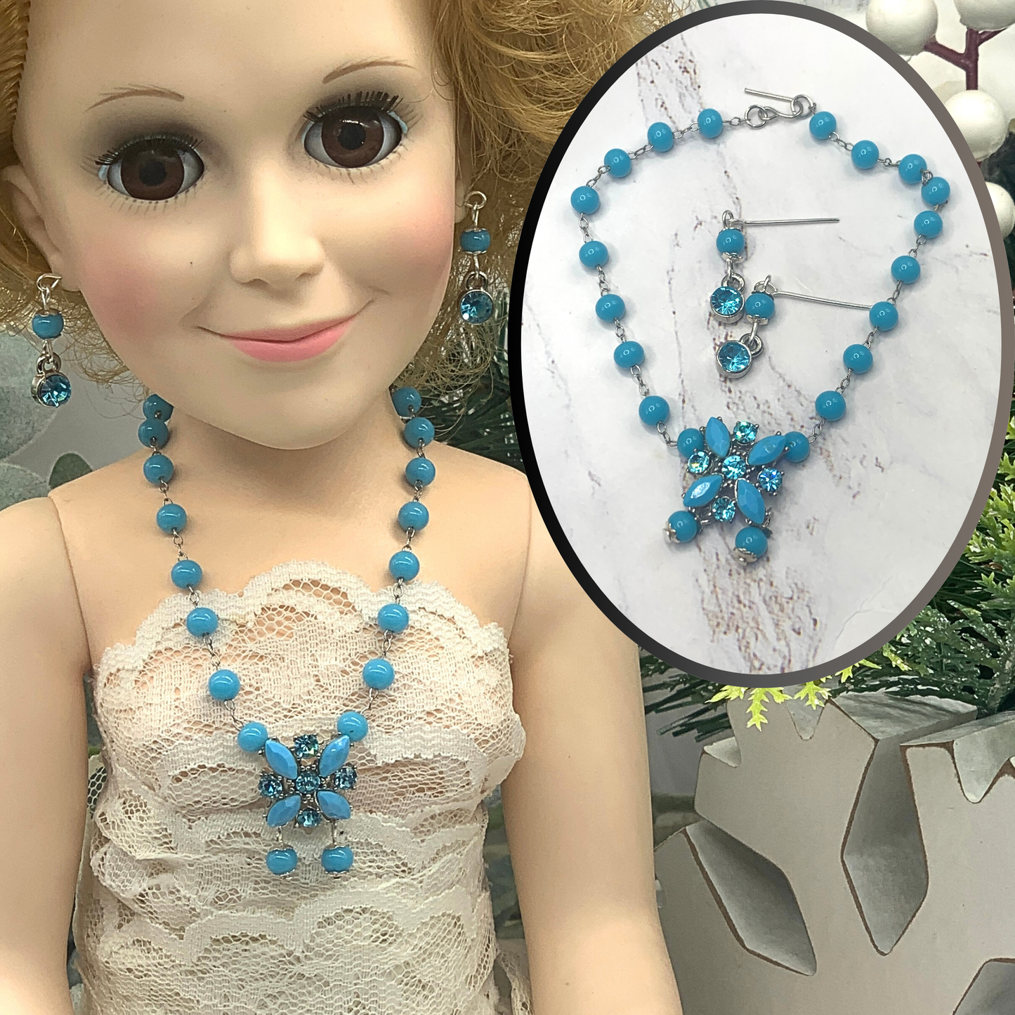 Blue Turquoise Bead Rhinestone Pendant Necklace Earring Set 18-22” Doll Jewelry