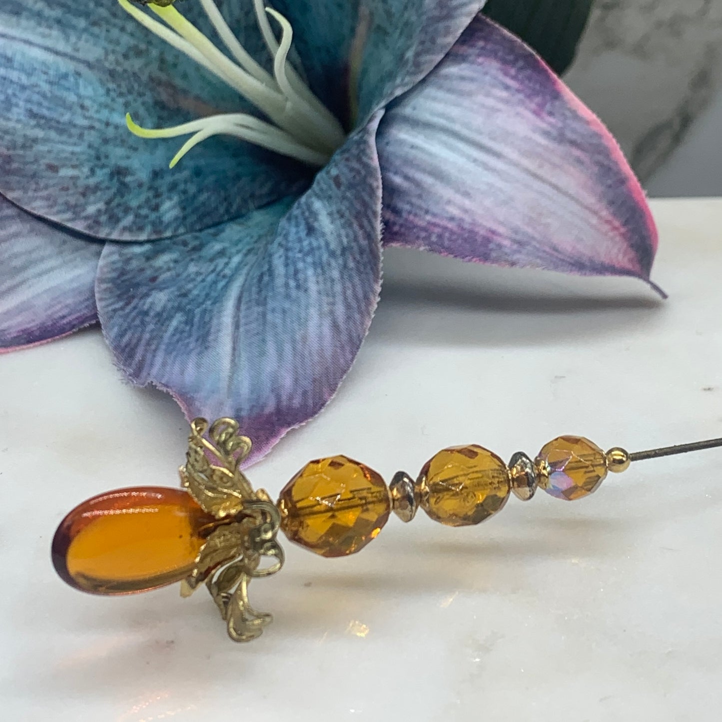 Gold yellow Amber Color Crystal Flower Design 8.5” Pin • Hatpin - Stick Pin