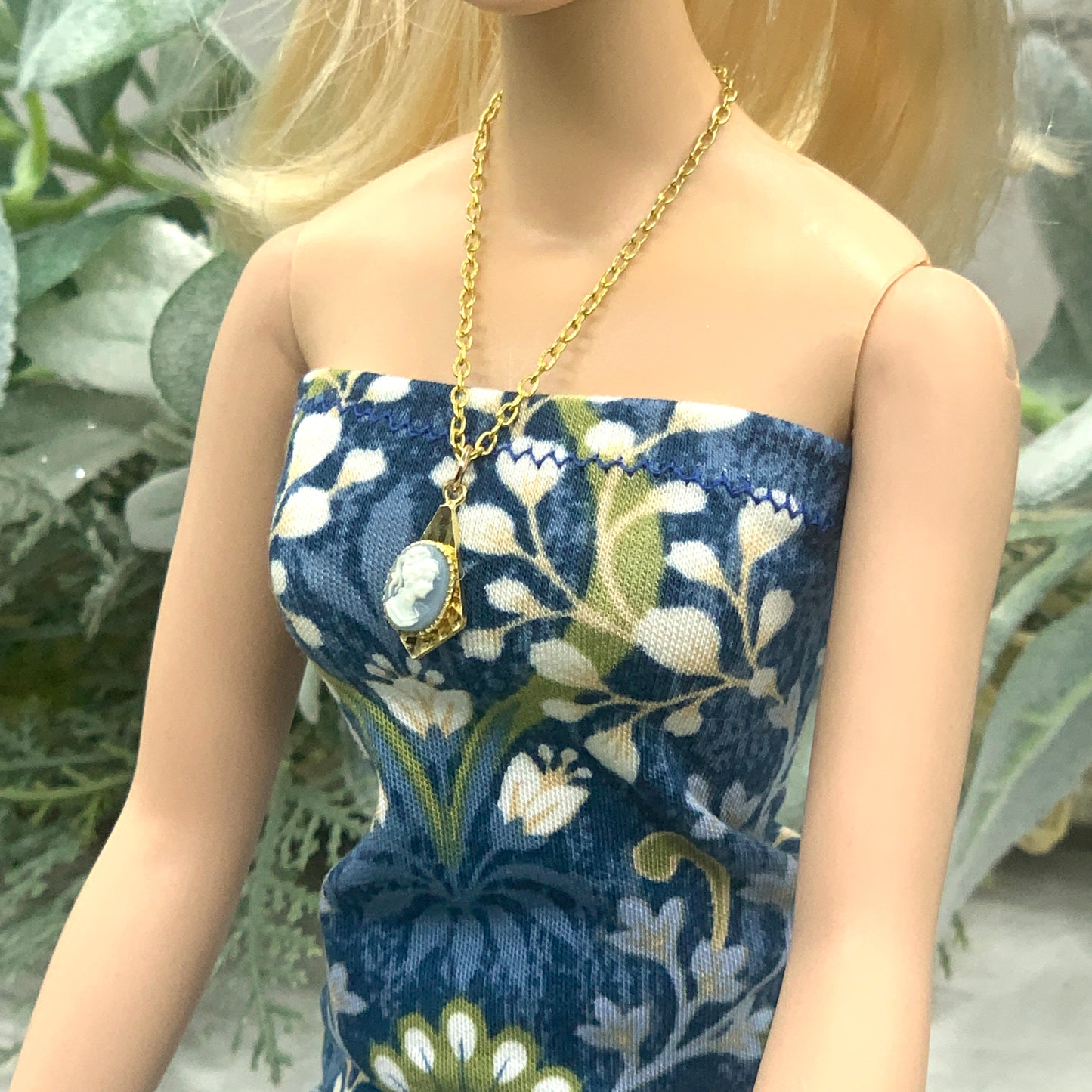 Blue Cameo Pendant Gold Chain Doll Necklace • 16 Inch Fashion Doll Jewelry