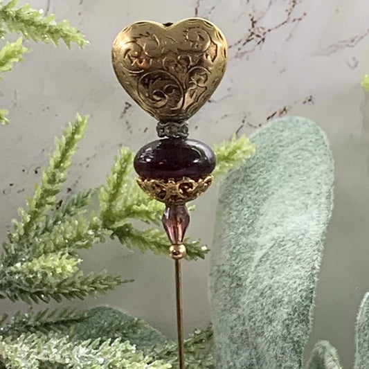 Gold Filigree Design Heart Burgundy Red Glass  Rhinestone - 6” Pin • Hatpin