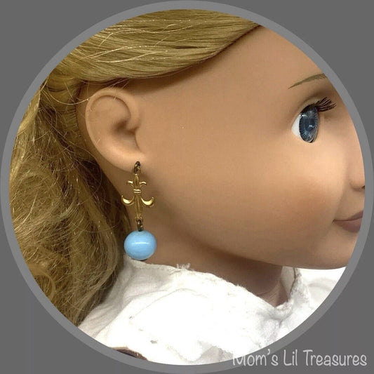 Round Blue Glass & Gold Fleur-de-lis Dangle Doll Earrings • 18” Doll Jewelry