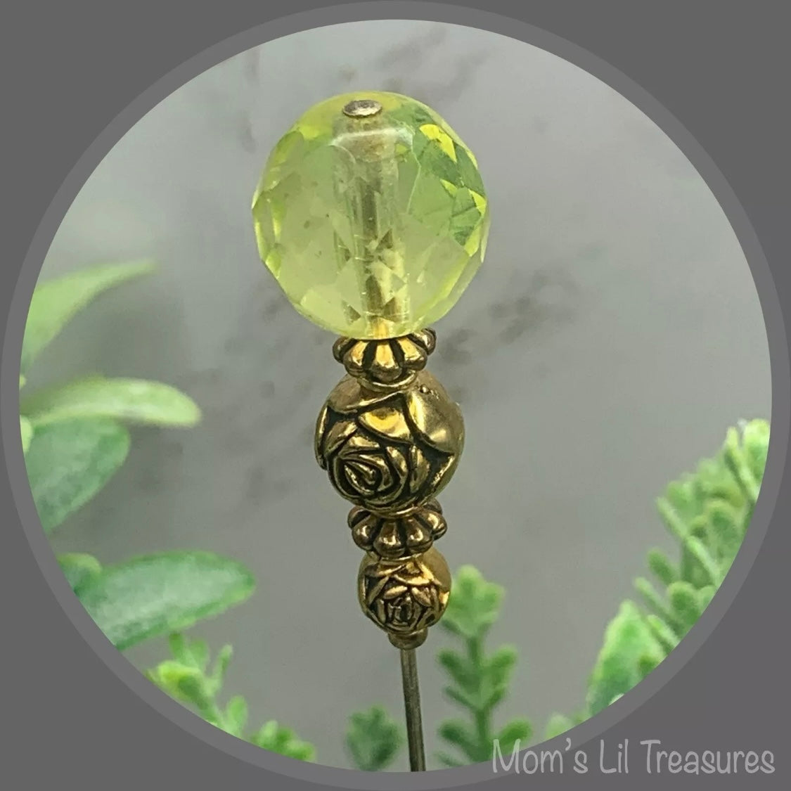 Light Yellow Glass Crystal - Gold Rose Design Bead - 8” Pin • Hatpin - Stick Pin