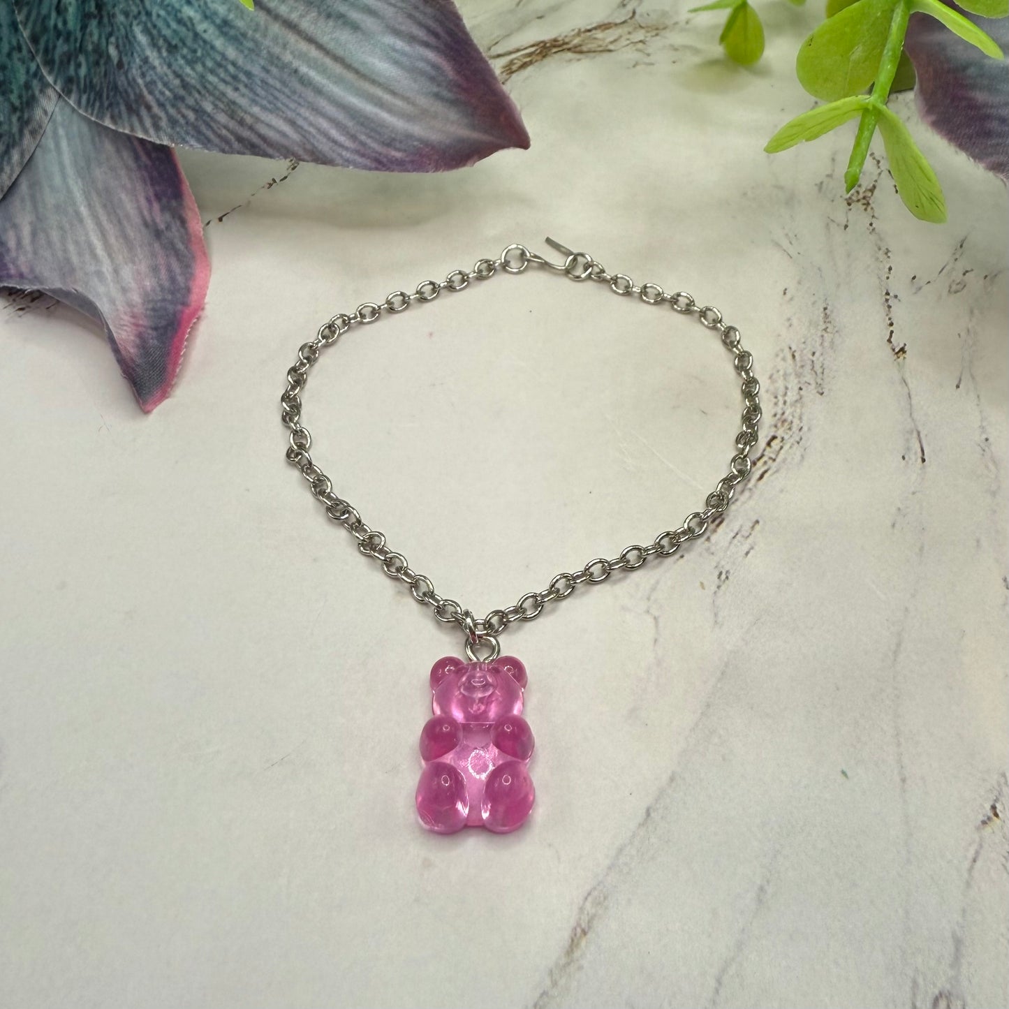 Pink Translucent Acrylic Bear Charm Doll Necklace Silver Chain • 18 Inch Fashion Doll Jewelry