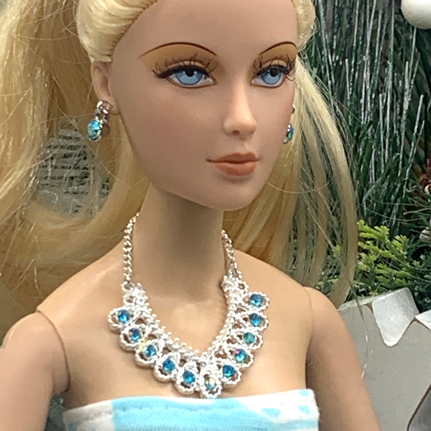 Turquoise Rhinestone Silver Collar Doll Necklace Earring Set • 16” Doll Jewelry