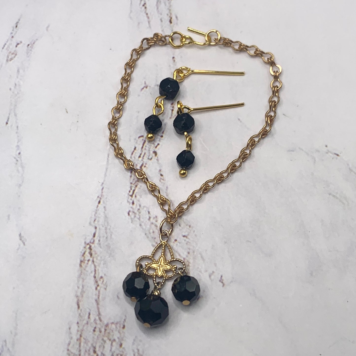 Black Glass Crystal Statement Doll Necklace Earring Set • 16” Doll Jewelry