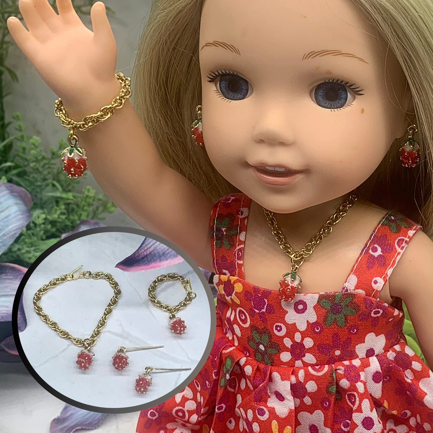 Strawberry Charm Gold Chain Doll Necklace Earring Bracelet Set 14” Wellie Wisher