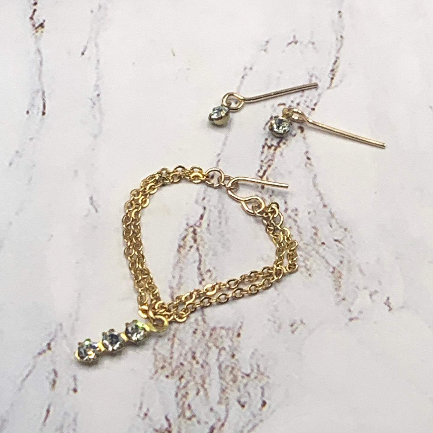 Clear Rhinestone Gold Double Chain Doll Necklace Earring Set • 16” Doll Jewelry