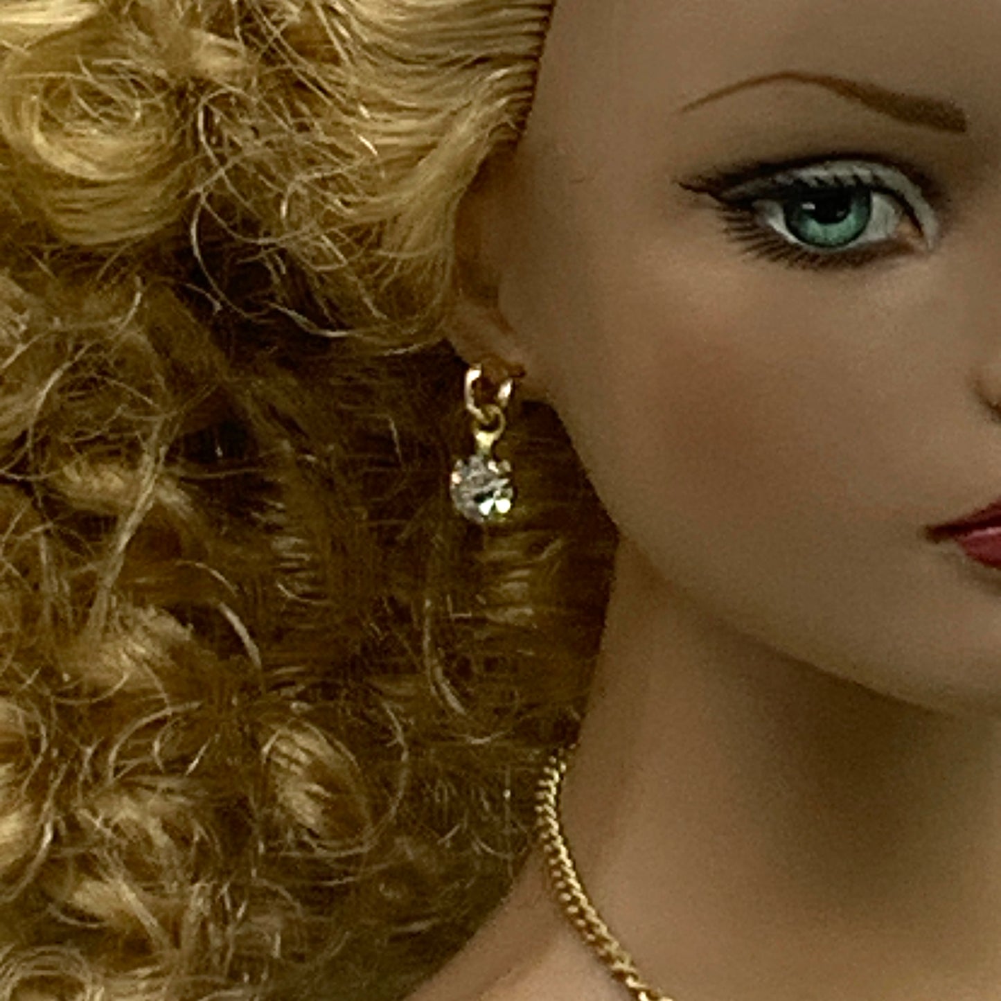 Clear Rhinestone Gold Chain Dangle Doll Necklace Earring Set • 16” Doll Jewelry