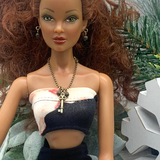 Bronze Key Pendant Chain Doll Necklace Matching Earrings Set • 16” Doll Jewelry