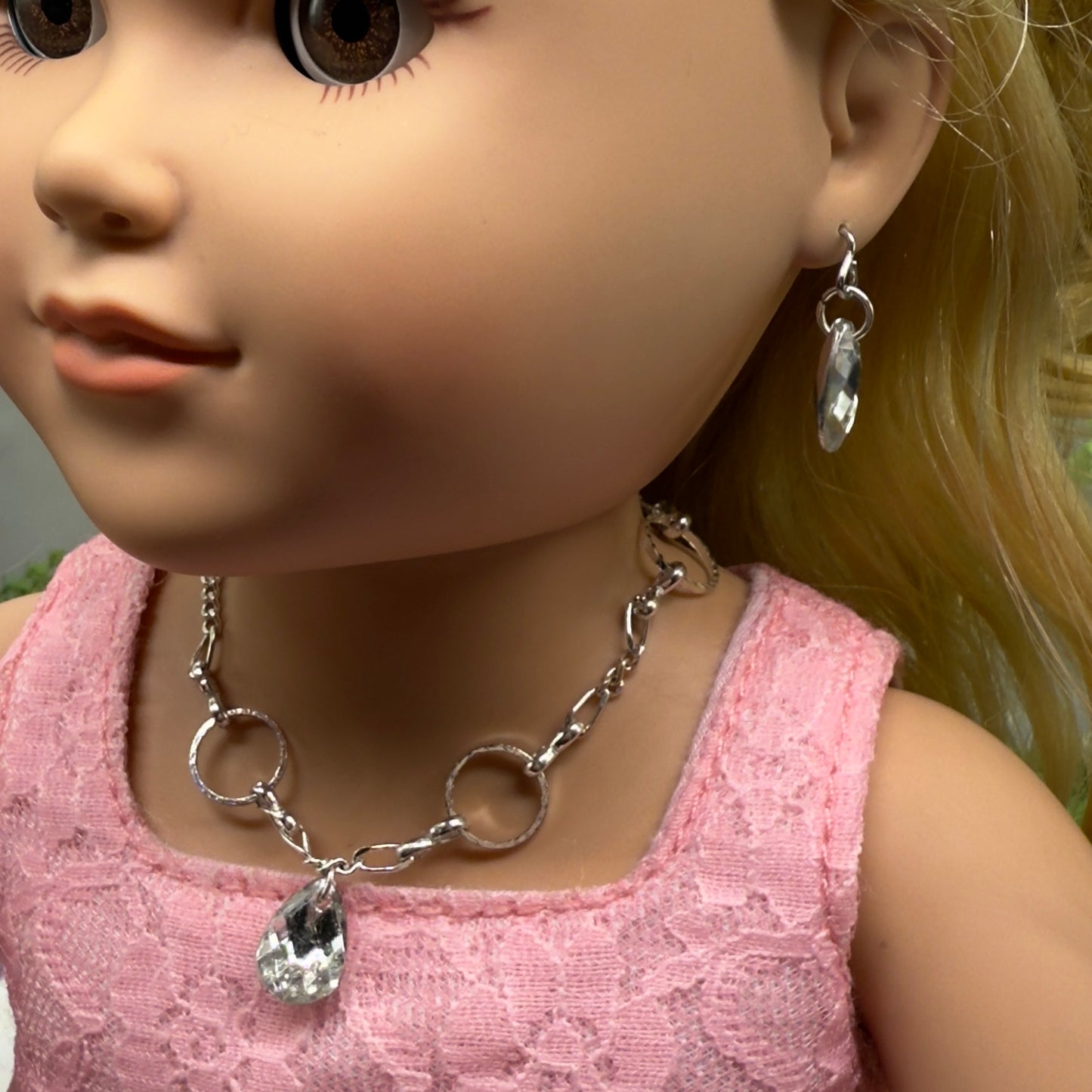 Clear Rhinestone Teardrop Doll Necklace Earring Bracelet Set 18” Doll Jewelry
