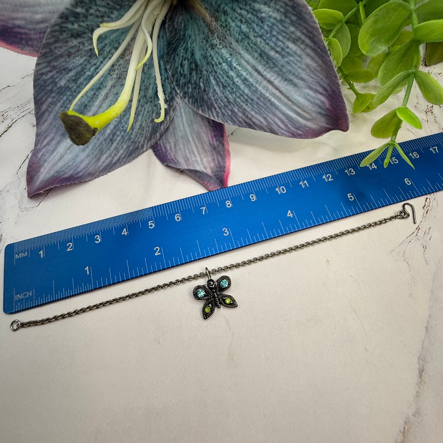 Butterfly Green Blue Rhinestone Pendant Gun Metal Silver Doll Necklace • 14 Inch Fashion Doll Jewelry