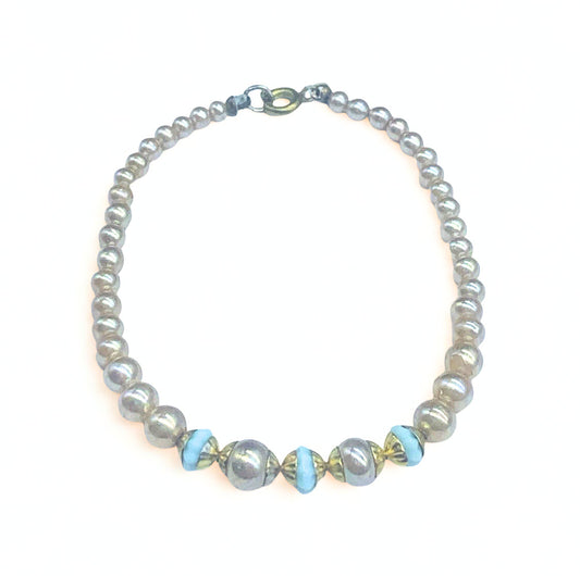 Pearl & Baby Blue Glass Bead Doll Necklace • 18-22” Vintage Doll Jewelry