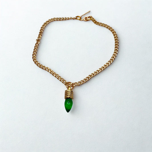 Green Christmas Light Charm Gold Doll Necklace • 18 Inch Fashion Doll Jewelry