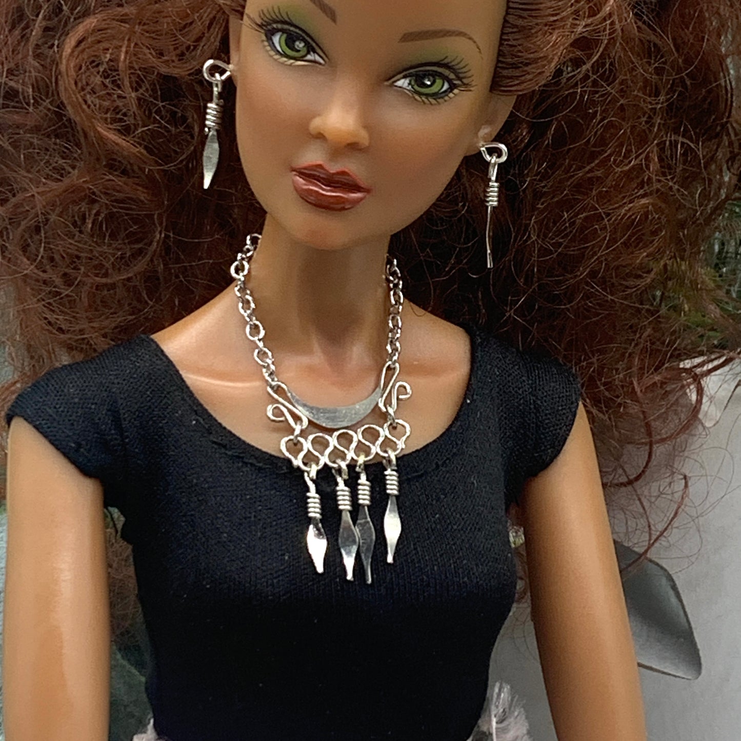 Silver Dangle Statement Doll Necklace Matching Earring Set • 16” Doll Jewelry